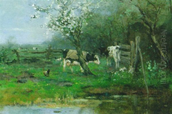 Cows In An Orchard Oil Painting by Johan Frederik Cornelis Scherrewitz