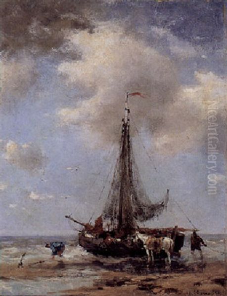 A Beached Bomschuit Oil Painting by Johan Frederik Cornelis Scherrewitz