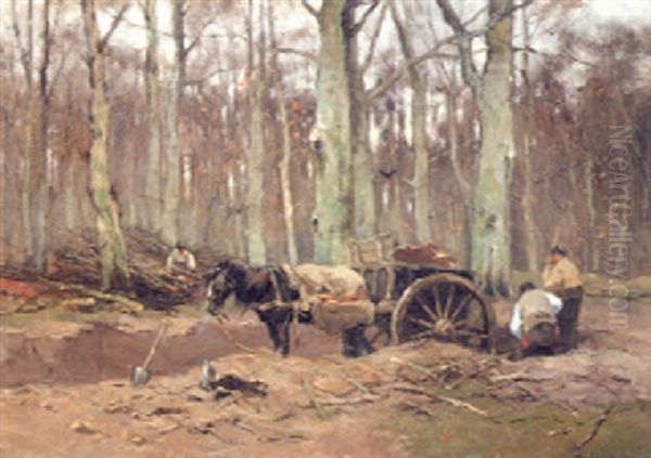 A Horse And Cart In A Wood With Mean At Work Nearby Oil Painting by Johan Frederik Cornelis Scherrewitz