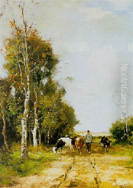 Herding Cattle Oil Painting by Johan Frederik Cornelis Scherrewitz