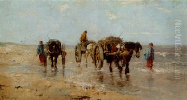 Baltic Peasants Gathering Seaweed On The Shore Oil Painting by Johan Frederik Cornelis Scherrewitz