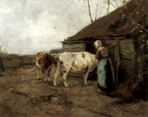 Milking Time Oil Painting by Johan Frederik Cornelis Scherrewitz