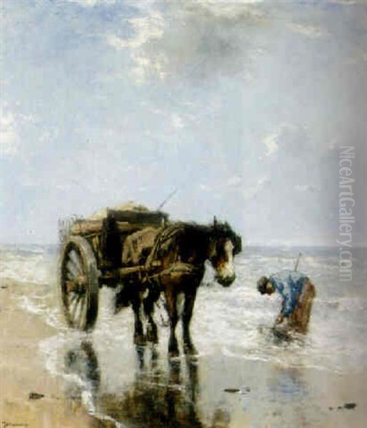 Digging Clams Oil Painting by Johan Frederik Cornelis Scherrewitz