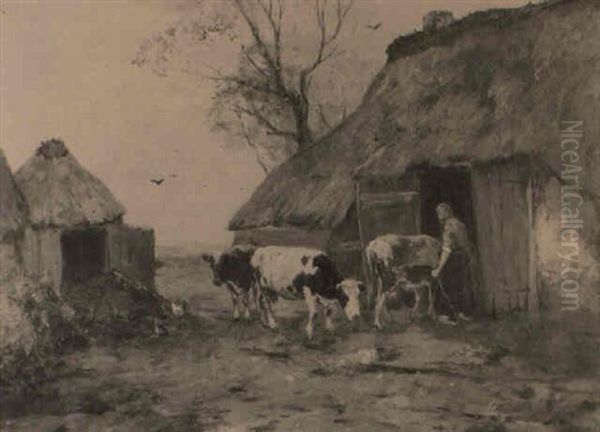 Herding Cattle Into A Barn Oil Painting by Johan Frederik Cornelis Scherrewitz