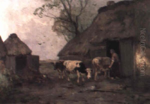 Herding Cattle Into A Barn Oil Painting by Johan Frederik Cornelis Scherrewitz