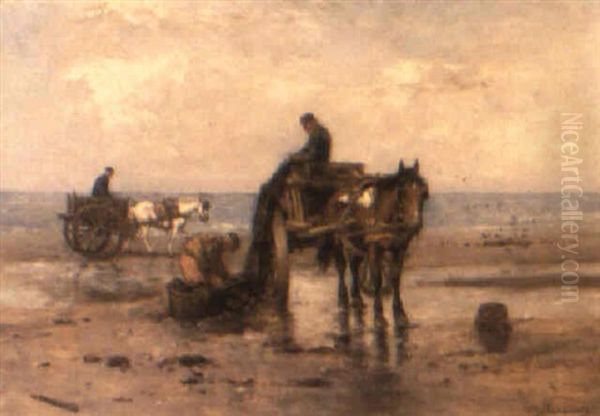 Fisherfolk On A Beach Oil Painting by Johan Frederik Cornelis Scherrewitz