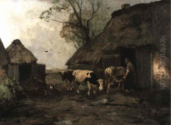 Herding Cattle Into A Barn by Johan Frederik Cornelis Scherrewitz