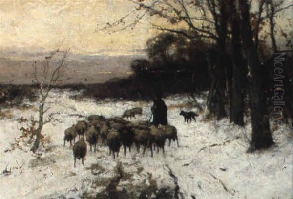 Shepherd With His Flock In Winter Oil Painting by Johan Frederik Cornelis Scherrewitz