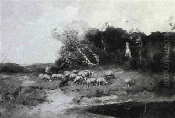 Shepherd With His Flock In A Landscape Oil Painting by Johan Frederik Cornelis Scherrewitz