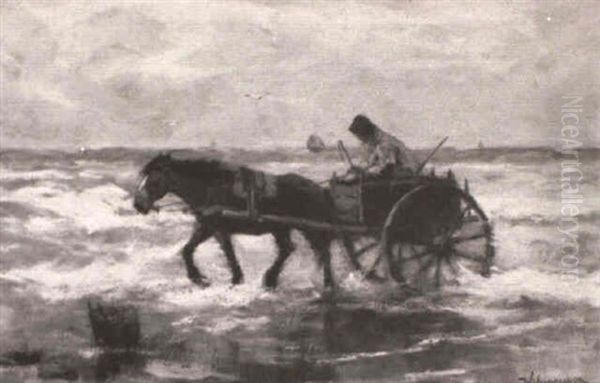 Beach With Horses And Drawn Cart Oil Painting by Johan Frederik Cornelis Scherrewitz