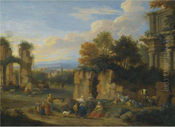 An Italianate Landscape With Figures Resting Near Ruins Oil Painting by Pieter Bout Brussels