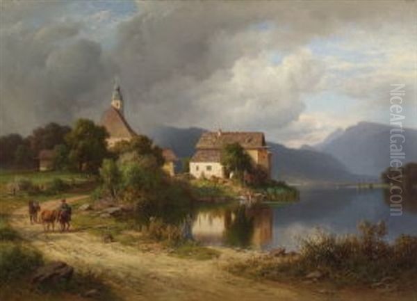 Dorf An Einem Gebirgssee Oil Painting by Joseph Schertel