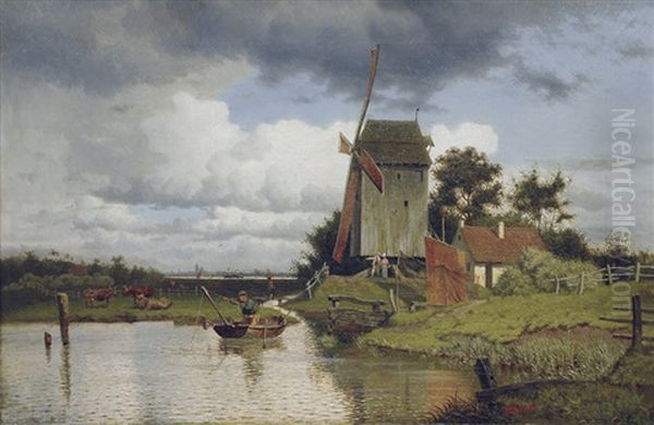 A Windmill On A Canal Oil Painting by Alexander Scherzer