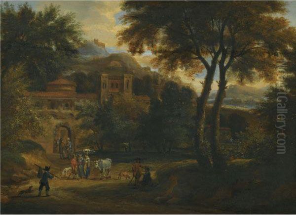 Figures On A Tree Lined Road Before A Walled Town Oil Painting by Pieter Bout Brussels