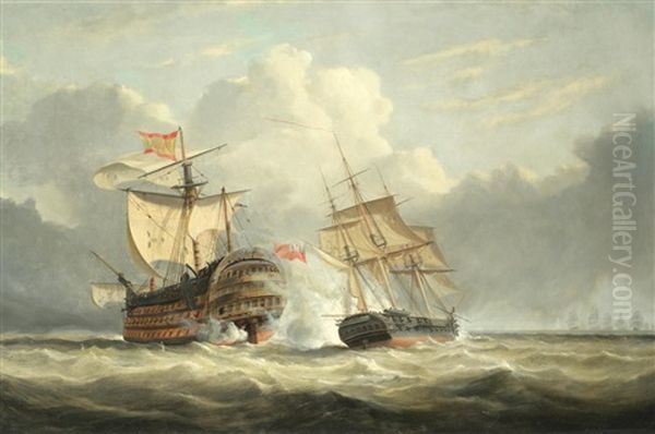 Captain Richard Bowen's 38-gun Frigate Terpsichore Engaging The Mighty 136-gun Spanish 4-decker Santissima Trinidad On 1st March 1797, Two Weeks After The Battle Of Cape St. Vincent by John Christian Schetky