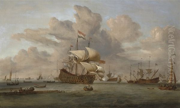 A Dutch Flagship Receiving A Salute As She Arrives At The Fleet Anchorage Oil Painting by John Christian Schetky