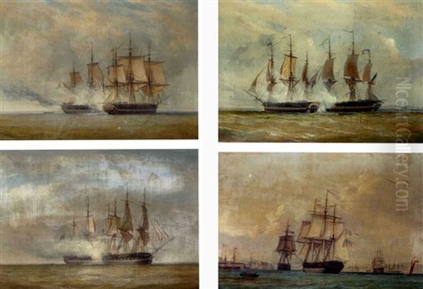 The First Cannon Volley Between H.m.s. "shannon" And The U.s.s. "chesapeake" (+ 3 Others; Set Of 4) Oil Painting by John Christian Schetky