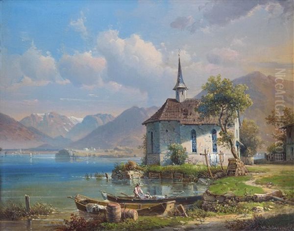 Kapelle Am See Mit Fischerbooten Oil Painting by Wilhelm Scheuchzer