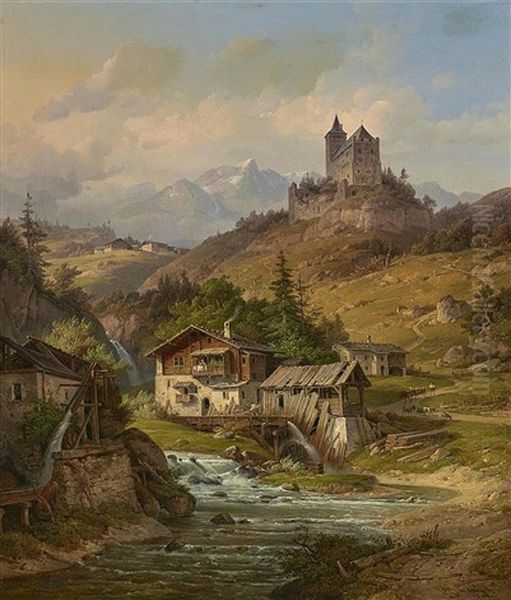 A View Of Riom Castle (casti Da Riom) In Grisons (switzerland) Oil Painting by Wilhelm Scheuchzer