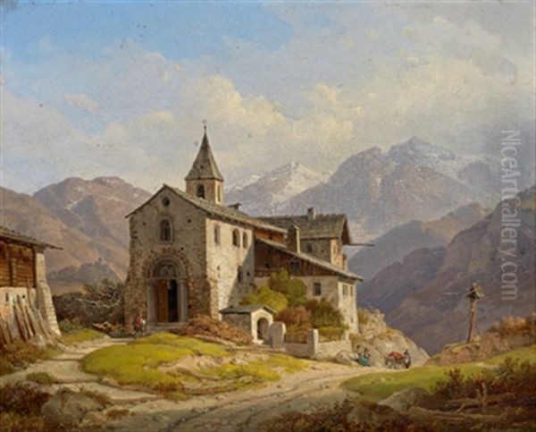 Blick Auf Die St. Johann Kirche Bei Taufers In Munstertal - Vinschgau Oil Painting by Wilhelm Scheuchzer