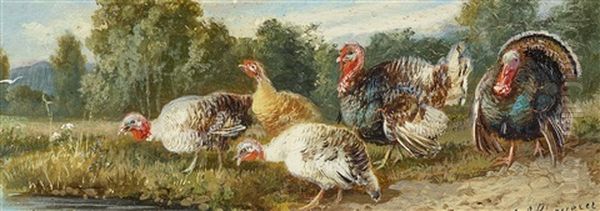 Brood Of Turkeys Oil Painting by Julius Scheuerer