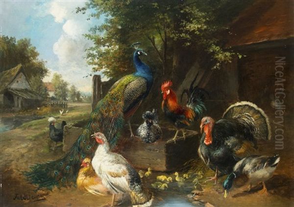 Poultry At The Trough Oil Painting by Julius Scheuerer