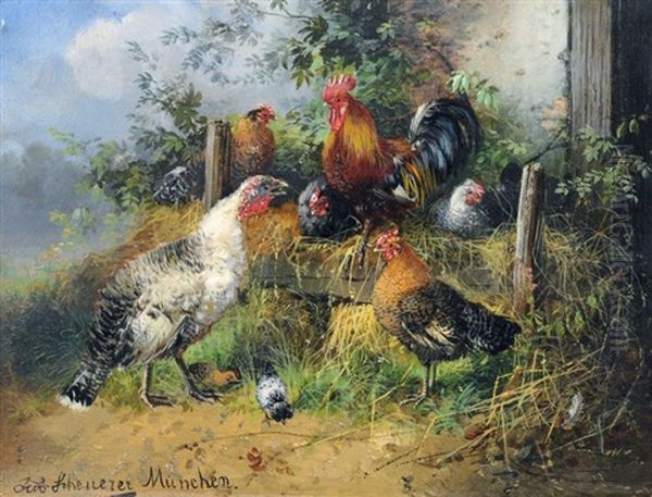 Wiesenstuck Mit Truthahn, Hahn Und Huhnern Oil Painting by Julius Scheuerer