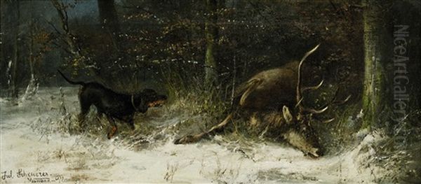 Jagdhund Bei Erlegtem Hirsch Im Winterwald Oil Painting by Julius Scheuerer