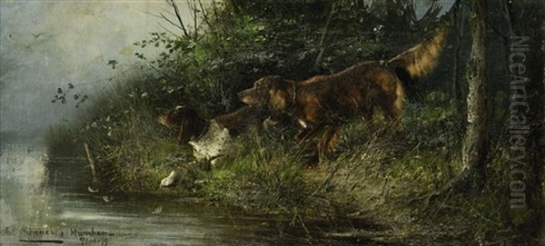 Zwei Jagdhunde Am Ufer Oil Painting by Julius Scheuerer