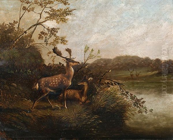 Damwild Am Flussufer Oil Painting by Julius Scheuerer