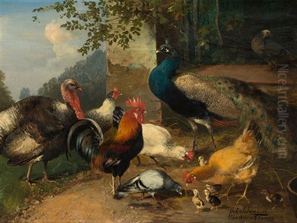 Birdyard Oil Painting by Julius Scheuerer