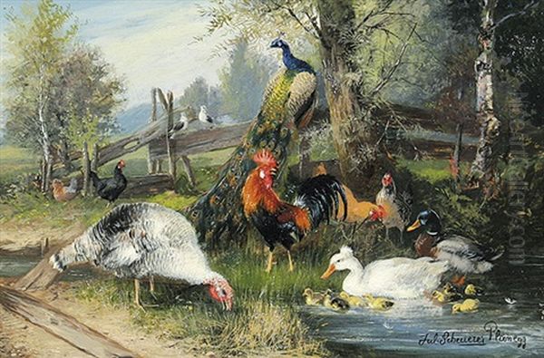 Pfau, Truthahn Und Huhner Am Bach Oil Painting by Julius Scheuerer