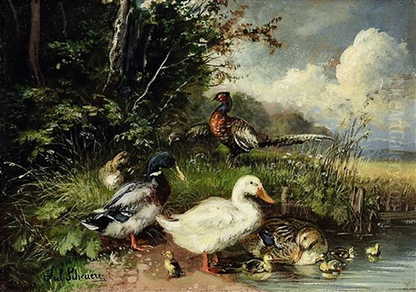 Enten Und Fasane Am Wasser Oil Painting by Julius Scheuerer