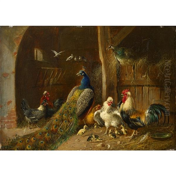 Barnyard Scene With Chickens And Peacocks (+ Rooster And Chicks; 2 Works) Oil Painting by Julius Scheuerer