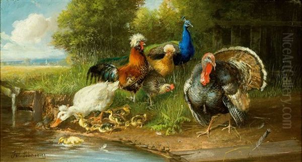 Das Tierstuck Zeigt Einen Truthahn, Pfau, Hahn, Hennen, Enten Und Kuken Am Ufer Eines Teiches Oil Painting by Julius Scheuerer