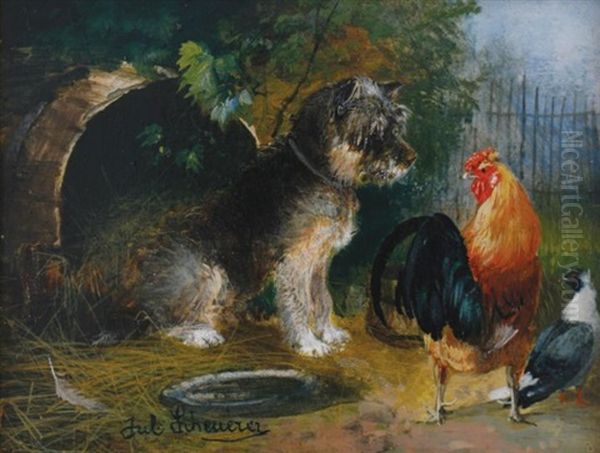 Dog And Birds In A Yard Oil Painting by Julius Scheuerer