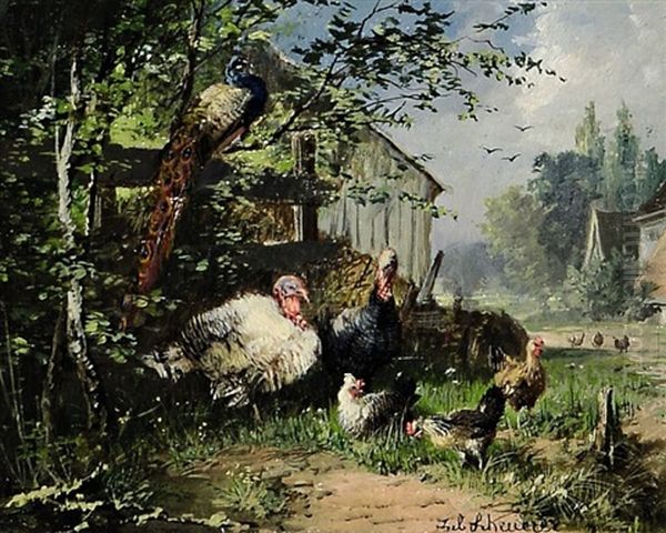 Huhnerhof Mit Pfau Und Truthahnen Oil Painting by Julius Scheuerer