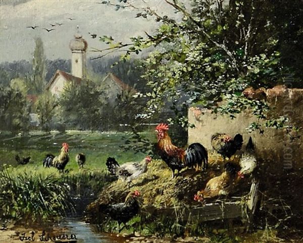 Huhner Am Bach Oil Painting by Julius Scheuerer