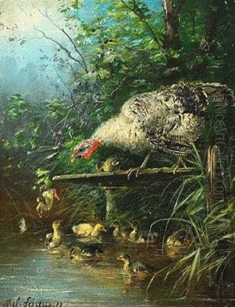 Hen With Chicks By A Lake Oil Painting by Julius Scheuerer