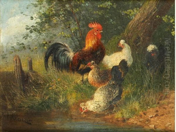 Cockerels And Hens By A Pond (pair) Oil Painting by Julius Scheuerer