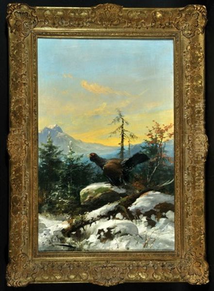 Auerhahn Im Bergwald Mit Altschnee Oil Painting by Julius Scheuerer