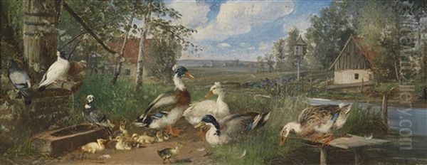 Huhner Und Enten Am Bauernhof Oil Painting by Julius Scheuerer