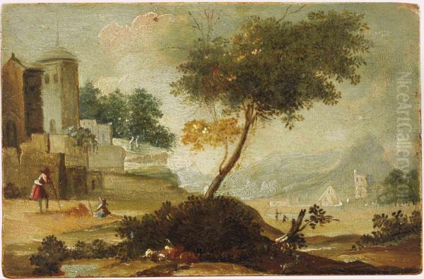 An Extensive River Landscape With Figures Before A Fortifiedbuilding, A Village Beyond Oil Painting by Peeter Bout