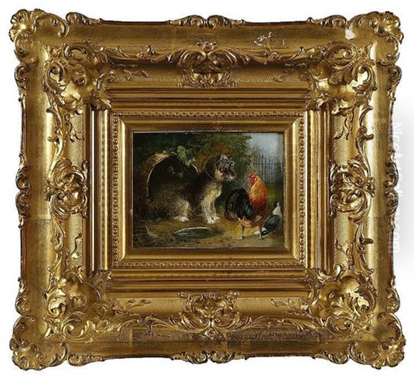 Terrier With Cockerel And Dove, Friends Oil Painting by Julius Scheuerer