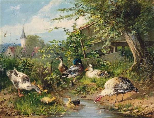 Enten Und Ein Truthahn Am Bach Vor Einem Dorf Oil Painting by Julius Scheuerer