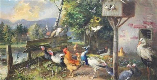 Chickens And Wildfowl Beside A River Oil Painting by Julius Scheuerer