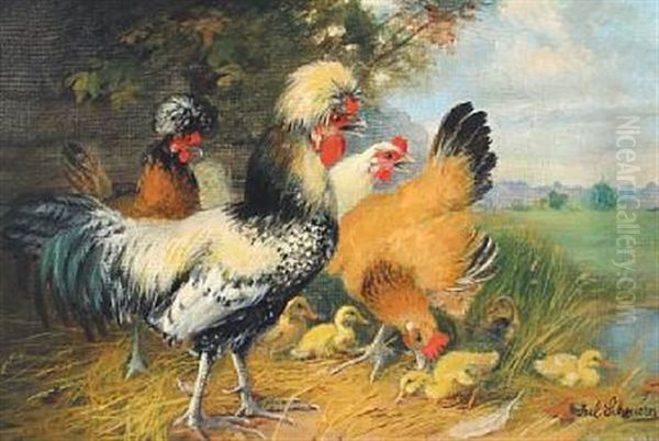 Landscape With Fowls And Ducklings Oil Painting by Julius Scheuerer