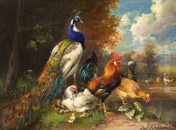 Pfau, Hahn Und Huhner Mit Kuken Am Teich Oil Painting by Julius Scheuerer