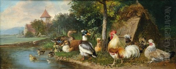 Huhner Und Enten Am Teich Oil Painting by Julius Scheuerer