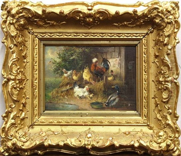 Barnyard Scene With Chickens, Rooster, Ducks, And Peacock (+ Another, Lrgr; 2 Works) Oil Painting by Julius Scheuerer